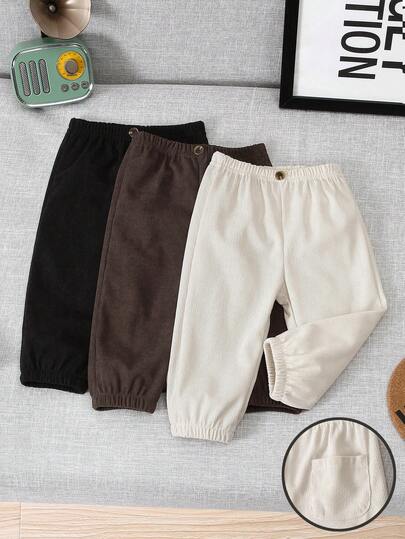 SHEIN Playful Pals 3 件套幼儿婴儿男童休闲绅士口袋纽扣装饰卷边裤套装，适合日常穿着、度假、派对、生日，3 个月至 3 岁