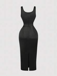 SHEIN MOD Váy dài đến giữa lưng bằng vải satin đen dành cho nữ - màu đen - Xem 4