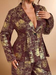 Cravure Plus Size Women's Metallic Foil Elegant Suit Set, Suitable For Party And Office, Autumn/Winter - Burgundy - View 5