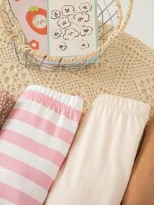 SHEIN Playful Pals 女婴休闲简约罗纹打底裤，百搭高弹，春秋装 - 卡其色 - 查看 5