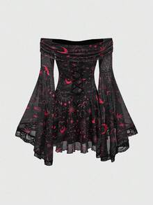 ROMWE Gothic Retro Mysterious Star & Moon Print Off Shoulder Flare Sleeve Mesh Dress - Red - View 2