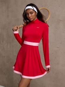 Dewbera Women's Contrast Color Minimalist High Neck Long Sleeve Casual Sports Dress
