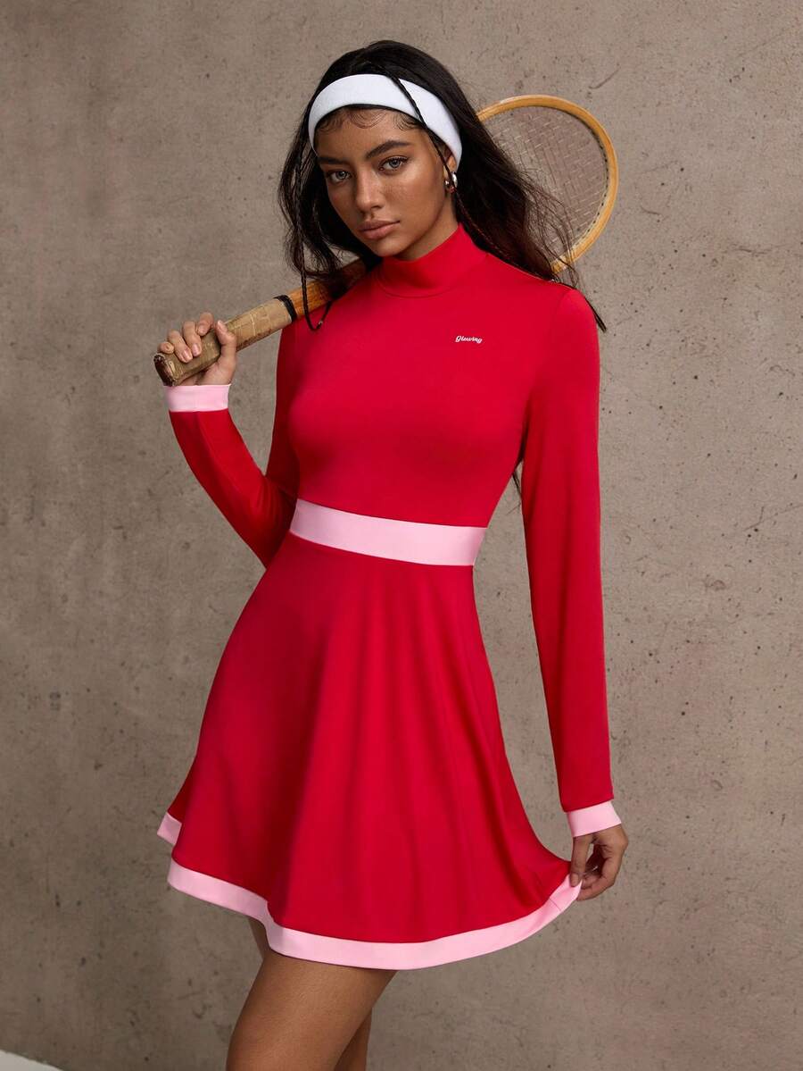 Dewbera Women's Contrast Color Minimalist High Neck Long Sleeve Casual Sports Dress