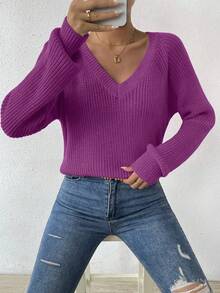 SHEIN LUNE Áo len chui đầu dài tay cổ chữ V màu trơn thường ngày cho nữ, mùa thu/đông - Bold Plum - Xem 3