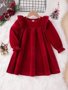 Emery Rose Kids 少女纯色针织柔软圆领荷叶边收腰长袖连衣裙，天鹅绒材质，A字裙摆，优雅长袖蛋糕裙，适合生日派对、度假、秋冬季休闲日常穿着及上学，也适合圣诞节、母女装、姐妹装等场合。 - 紅色 - 查看 2