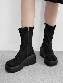 CUCCOO BIZCHIC Giày bốt tất nữ màu đen co giãn, thời trang thu đông, đế dày, gót nêm, chất liệu da lộn, bốt cao đến giữa bắp chân, co giãn thoải mái, đa năng cho cả đi làm và đi chơi, màu đen - màu đen - Xem 3