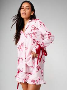MISSGUIDED 蝴蝶结印花睡衣套装，纽扣长袖衬衫，荷叶边下摆，休闲短裤睡衣 - 粉色 - 查看 5