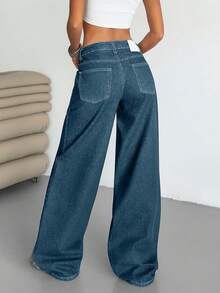 EURMUSE Pantaloni casual a vita bassa e gamba ampia per donne, di colore blu scuro con etichetta sul retro e lavaggio ad acqua - Blu lavato medio - Visualizzare 2