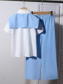 3pcs/Set Tween Girls' Blue Short Sleeve Shirt, Pink Shrug And Casual Pants Spring/Summer Korean Fashion Outfits Summer Holiday - White - View 2