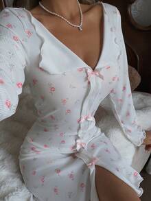 CottageSlumber Women's Romantic Ditsy Floral Pattern Bow Decor Nightgown, For Fall & Winter - Multicolor - View 6