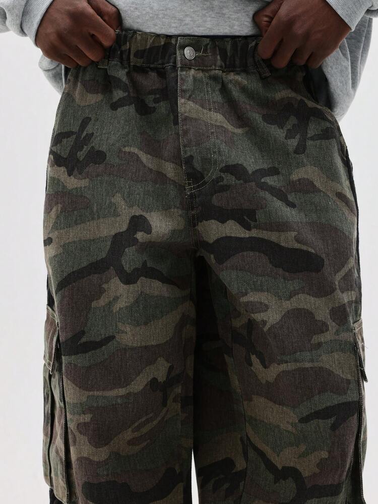 Camo Wide Leg Cargo Pants With Side Stripes