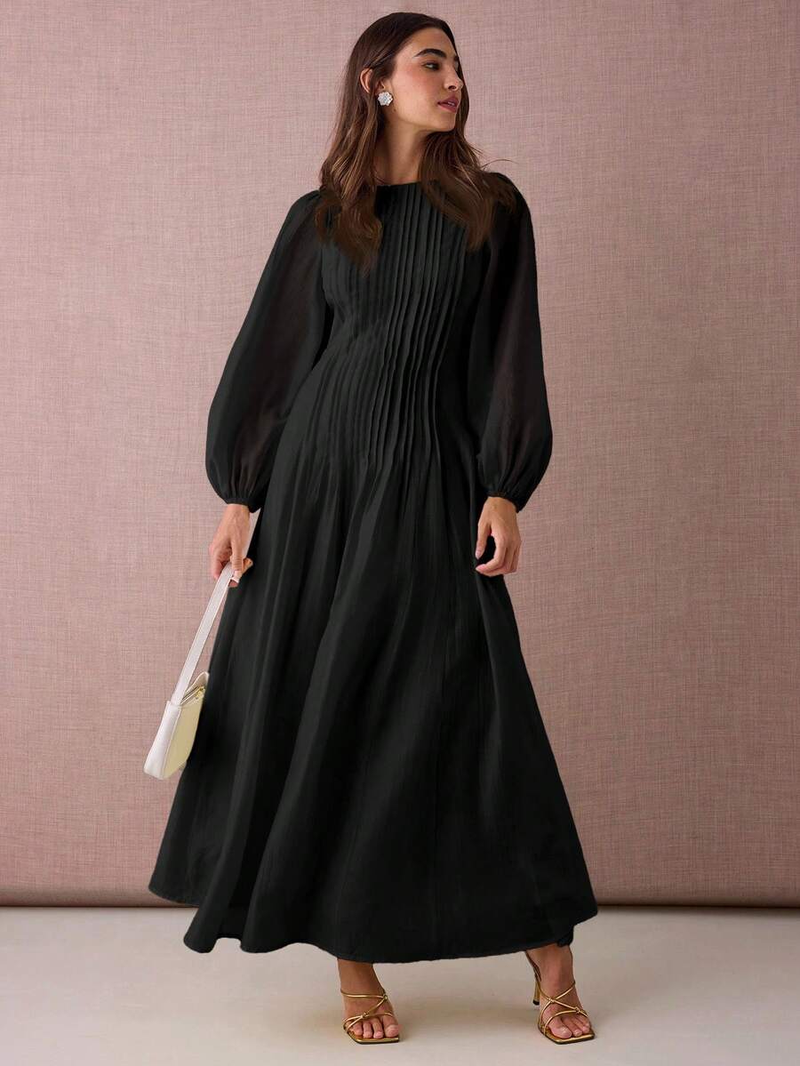 Enchnt 纯色圆领褶皱优雅时尚长袖连衣裙 - 黑色 - 查看 1