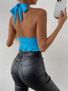 Zolique 湖蓝色性感 V 领露背褶饰上衣、女式生日背心、基本款背心、外出背心、派对必备单品、圣诞背心、高雅背心、街头服饰、秋冬背心、万圣节背心 - 水鴨藍 - 查看 2