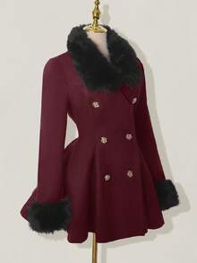 SHEIN ICON Women's Elegant Double-Breasted Flared Faux Fur Patchwork Jacket, Autumn/Winter Winter - Burgundy - View 6