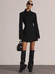 MUSERA 修身收腰漏斗领长袖西装裙，秋季休闲外出日常夜生活性感可爱舒适派对优雅春季春夏度假装 - 黑色 - 查看 5