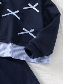 Genkimix Kids 2pcs/Set Girls' Korean Style Loose Fit Floral Print Sweatshirt With Bow Decor - Navy Blue - View 7