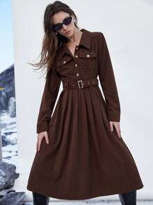 Aveloria Modichic Metal Buckle Dual Pocket Long Sleeve Dress, Fashionable Commuter Style, Long Business Dress For Women, Autumn