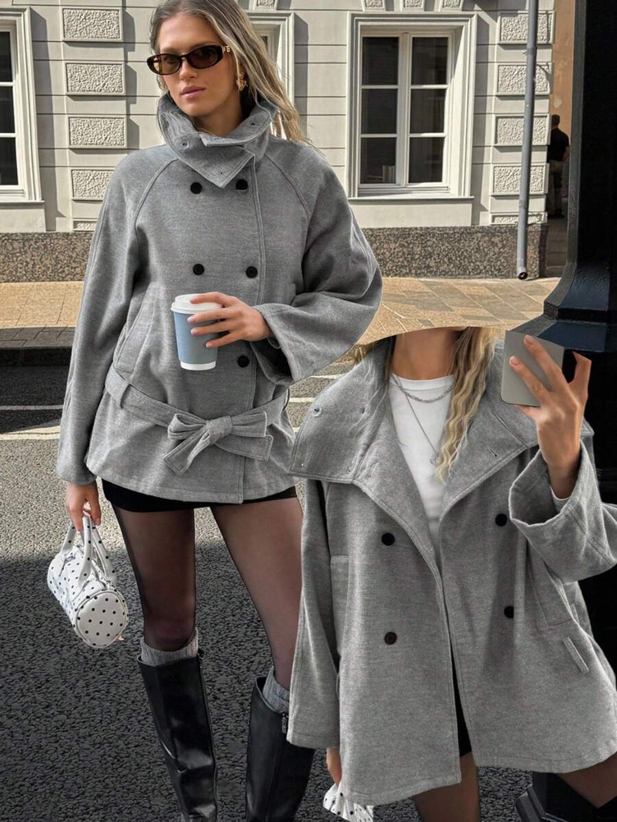 SHEIN EZwear 女士感恩节新款冬季复古风女士休闲长袖外套，灰色街头风 - 淺灰色 - 查看 1