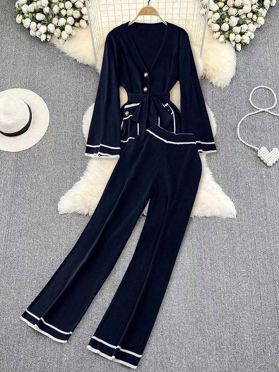 DreamSkyne Plus Size Elegant Commuter Color Block Trim Cardigan & Knit Pants Set - Multicolor - View 1
