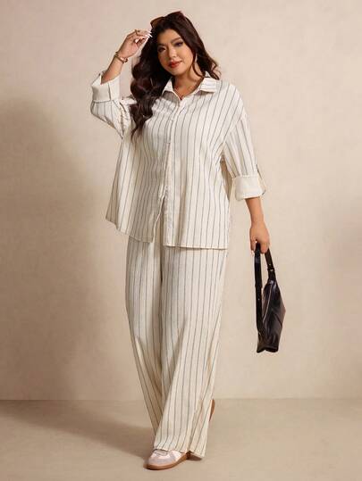 Elaquor Plus Size Casual Minimalist Basic Striped 2 Pieces Set, Loose Fit