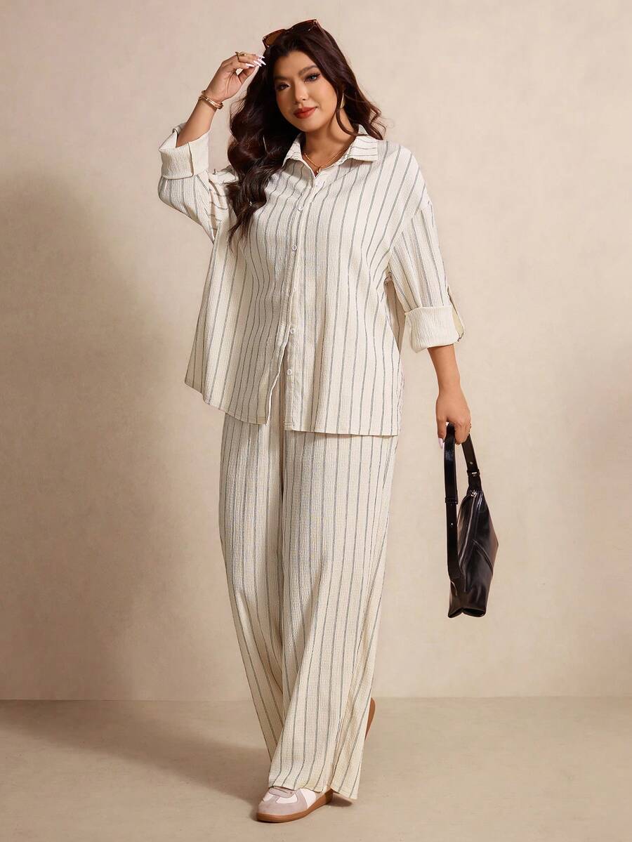 Elaquor Plus Size Casual Minimalist Basic Striped 2 Pieces Set, Loose Fit - Apricot - View 1