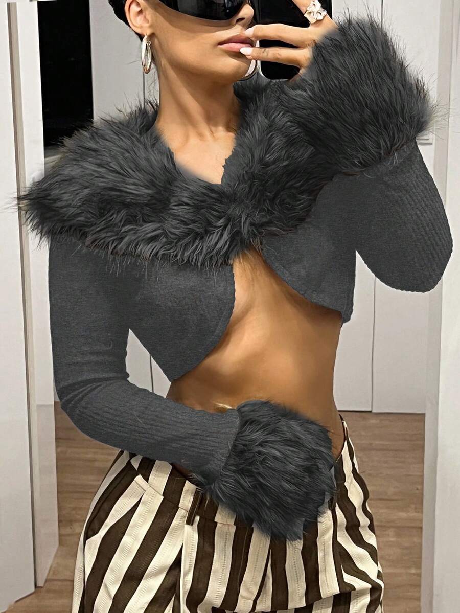 SHEIN ICON Sexy Faux Fur Collar Splicing Long Sleeve Slim Fit Cropped Jacket Fur Trim Crop Top In Fall/Winter - Dark Grey - View 1