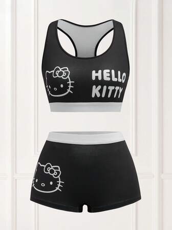 HELLO KITTY AND FRIENDS | SHEIN Bekvämt set med söt katttryck och bygelfri BH och trosor för kvinnor