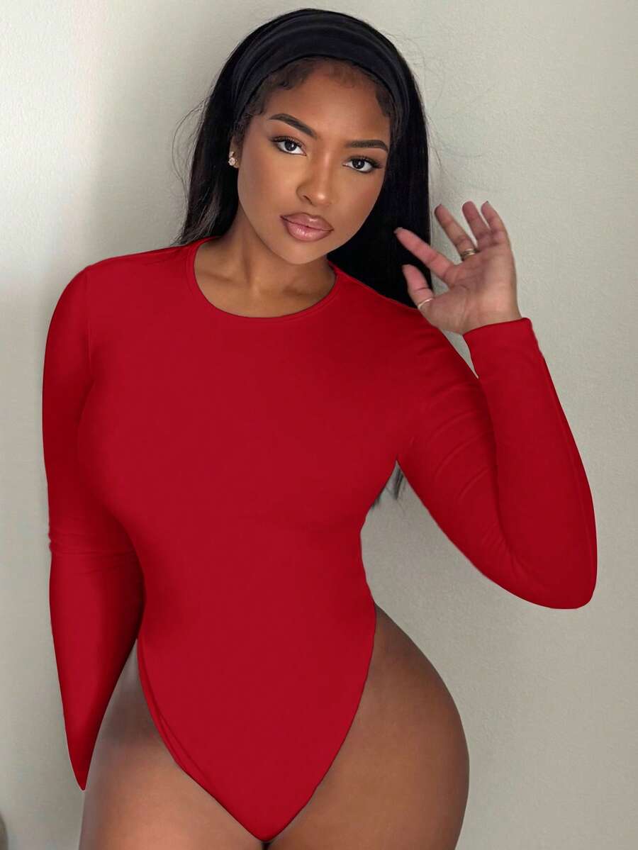 Alexandranx Solid Slim Fit Spring Women Bodysuit ,Petite Women - Red - View 1