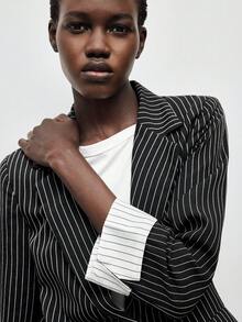 Maija 女士条纹翻领长袖单排扣休闲西装外套，适合都市通勤、商务休闲、办公室穿着，优雅百搭，也适合圣诞节、新年派对和聚会。 - 黑色 - 查看 9