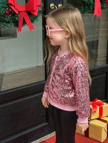 Young Girl Pink Ribbed Stand Collar Zip-Up Jacket With Full Sequins Embellishment, Long Sleeve, Ribbed Cuffs And Hetic & Elegant, Autumn/Winter