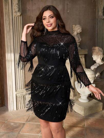 Aureia Plus-Size Elegant Black Sequined Tassel Stand-Up Collar Long-Sleeved Bodycon Mini Dress For Autumn And Winter, Suitable For Evening Parties, Bachelorette Parties, Dates, Dances, Weddings,Cocktail Dress