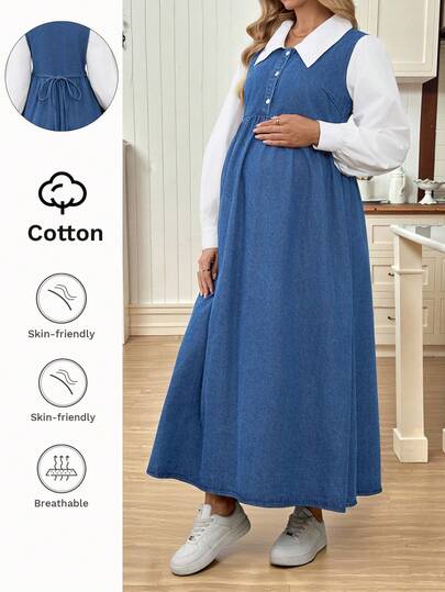 SHEIN Avslappnad, lös, långärmad, denimklänning för gravida, höst, vinter, halloween, jul, nyår, tacksägelse, ungdom, söt, streetwear, födelsedagsoutfit, fest, bröllop, elegant, affärsmässig, avslappnad, kvinna, vintage, blygsam, gammal, pengar, arbetskläder, läraroutfits för kvinnor, pendling, semester, denimklänning för kvinnor för gravida med vit, lager-på-lager-topp och empiremidja för vardaglig komfort, 2-i-1-blå klänning