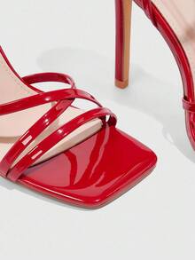 CUCCOO SZL 女士时尚闪亮漆皮红色绑带踝带方头细高跟凉鞋，适合通勤、约会、派对、度假、婚礼 - 紅色 - 查看 5