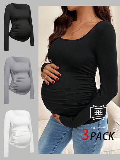 SHEIN Maternity Long Sleeve Square Neck Plain Casual Top Knitted Fabric Regular Fit Draped T-Shirt For Expecting Moms