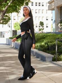 Easify SHEIN Sport Women's Casual Tie-Up Long Sleeve Perforated Texture T-Shirt, Sporty & Versatile For All Seasons