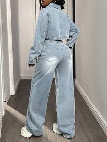 DAZY Conjunto de top corto casual de manga larga con hombros caídos y jeans estilo Y2K para mujer - Azul - Ver 3