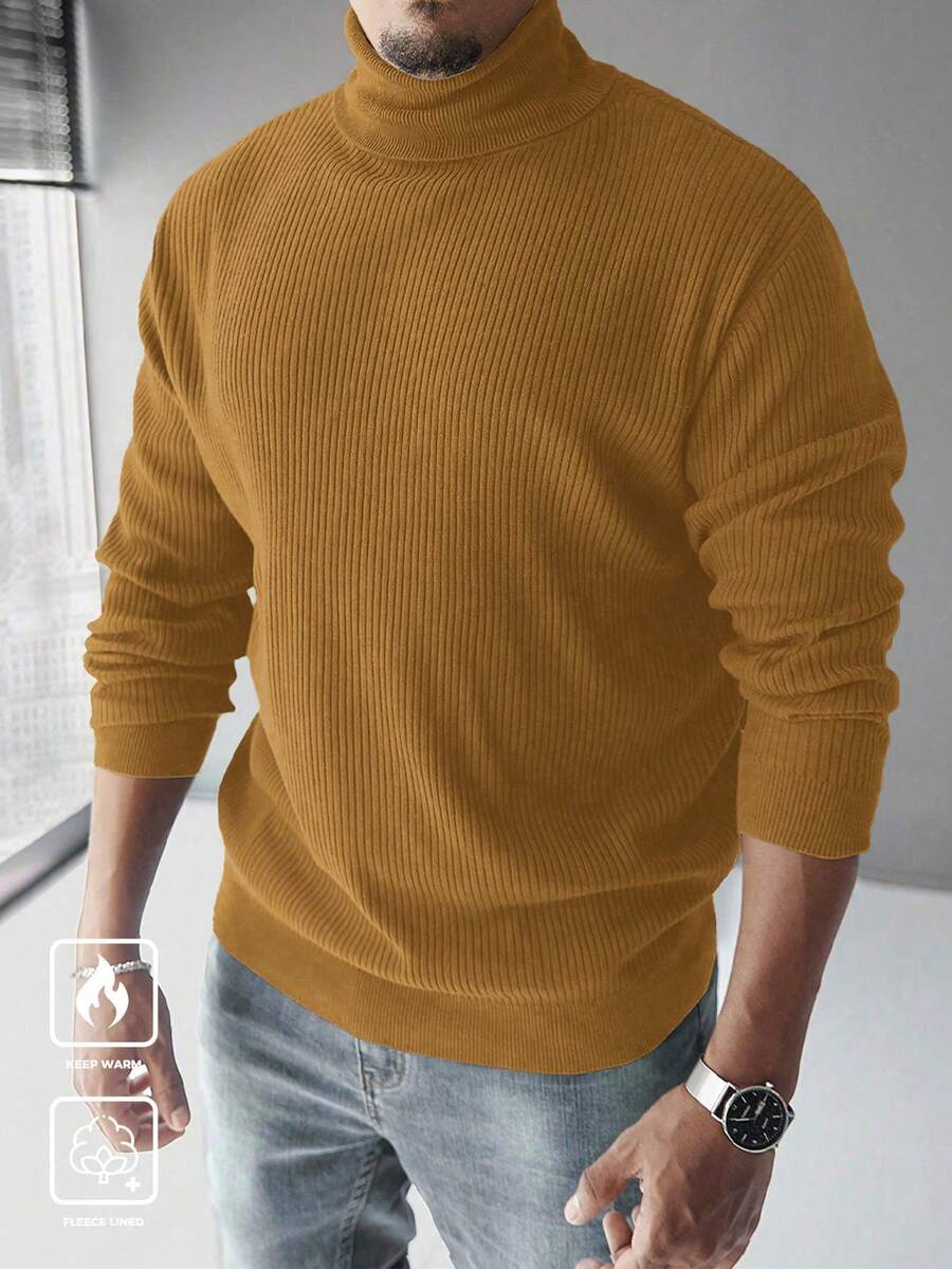 Manfinity Homme 加大码男士纯色休闲高领毛衣，秋冬男士高领衫，长袖上衣 - 棕色 - 查看 1