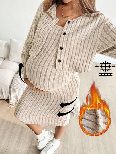 SHEIN 2pcs Maternity Casual Solid Color Button Front Top And Fitted Dress Set, Autumn  Winter Clothes For Women   Winter