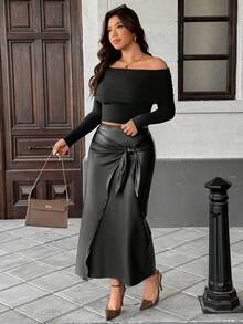 Elenzga Plus Size Women Elegant Ruched Bow Tie Wrap Split Skirt - Black - View 5