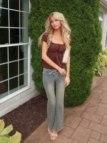 Sydney Algeri Gathered Sleeve Brown Textured Ruched Bust Waist T-Shirt - Brown - View 5