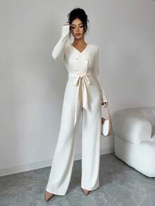 SHEIN Elenzya Bộ đồ liền thân thu/đông thiết kế thời trang mới thiết yếu Bộ đồ liền thân ống đứng dài tay dài, cạp chun gợi cảm, cao cấp, thanh lịch, quà tặng sinh nhật, hẹn hò, tiệc độc lập, ngày lễ tình nhân, Halloween, lễ hội mua sắm Double 11, Thứ Hai điện tử, đêm Giáng sinh, lễ Halloween, lễ Tạ ơn, lễ hội Giáng sinh, Diwali, không khí du lịch - Màu be - Xem 7