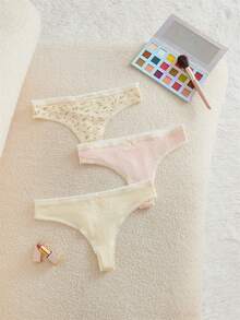Bonmuse 3条装蕾丝边女士丁字裤，柔软弹力性感内裤，花朵蝴蝶结，可爱丁字裤，撞色细边，俏皮性感内裤，运动休闲，居家性感内裤，四季皆宜，低腰，纯色丁字裤，亮黄色女士丁字裤 - 彩色 - 查看 10