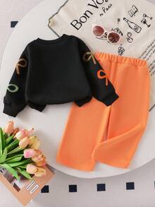 SHEIN Playful Pals 2 件套女婴彩色蝴蝶结刺绣运动衫和橙色裤子套装，时尚秋季服装 - 橘色 - 查看 3