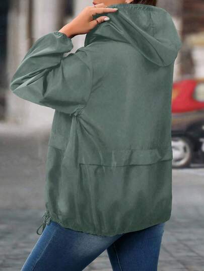 EMERY ROSE Plus Size Casual Solid Color Drawstring Hooded Jacket Fall Winter Cloth For Women Autumn