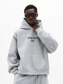 SUMWON Regular State Of The Art LA Text Print Pullover Hoodie With Centre Pocket And Drawstring Hood Plain - Grey - View 3