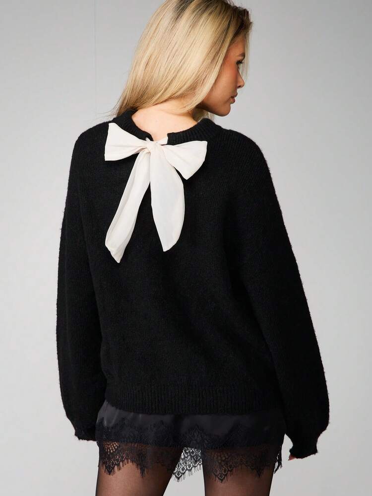 MISSGUIDED Christmas Oversized Knit Sweater With Contrast Chiffon Bow Detail Long Sleeve Pullover For Fall Winter