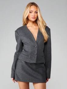 MISSGUIDED Collarless Wool Blazer For Professional Business Office Workwear Formal Corporate Attire - Grey - View 4