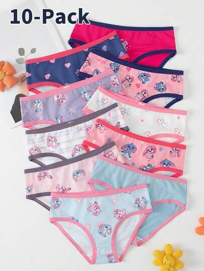 SHEIN 10pcs/Set Young Girl' Cute Cartoon Animal Print Briefs Panties, Colorful Rabbit Design, Summer