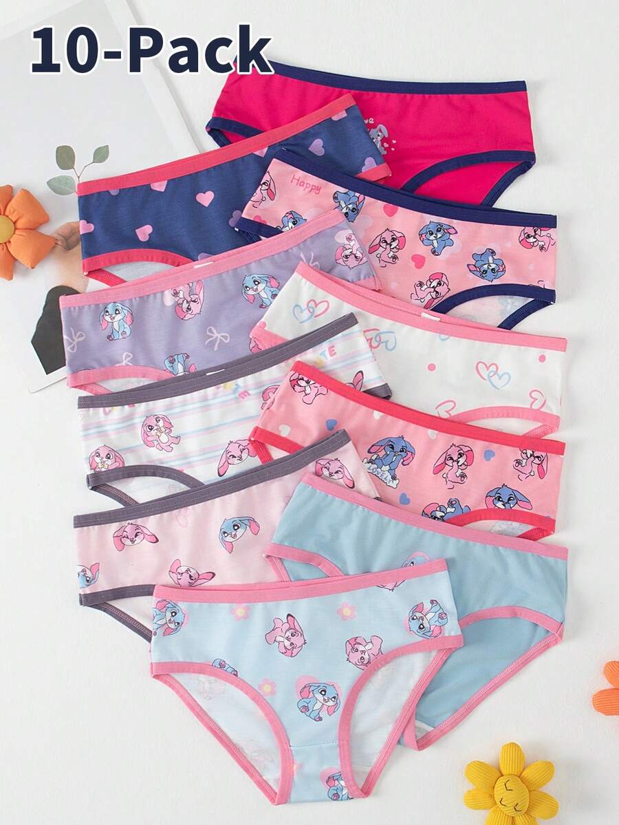 SHEIN 10 件/套年轻女孩可爱卡通动物印花三角内裤，彩色兔子图案，夏季 - 彩色 - 查看 1