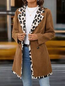 SHEIN Clasi Áo khoác da lộn dài tay họa tiết da báo thanh lịch dành cho nữ, màu nâu, mùa thu/đông - màu nâu - Xem 8